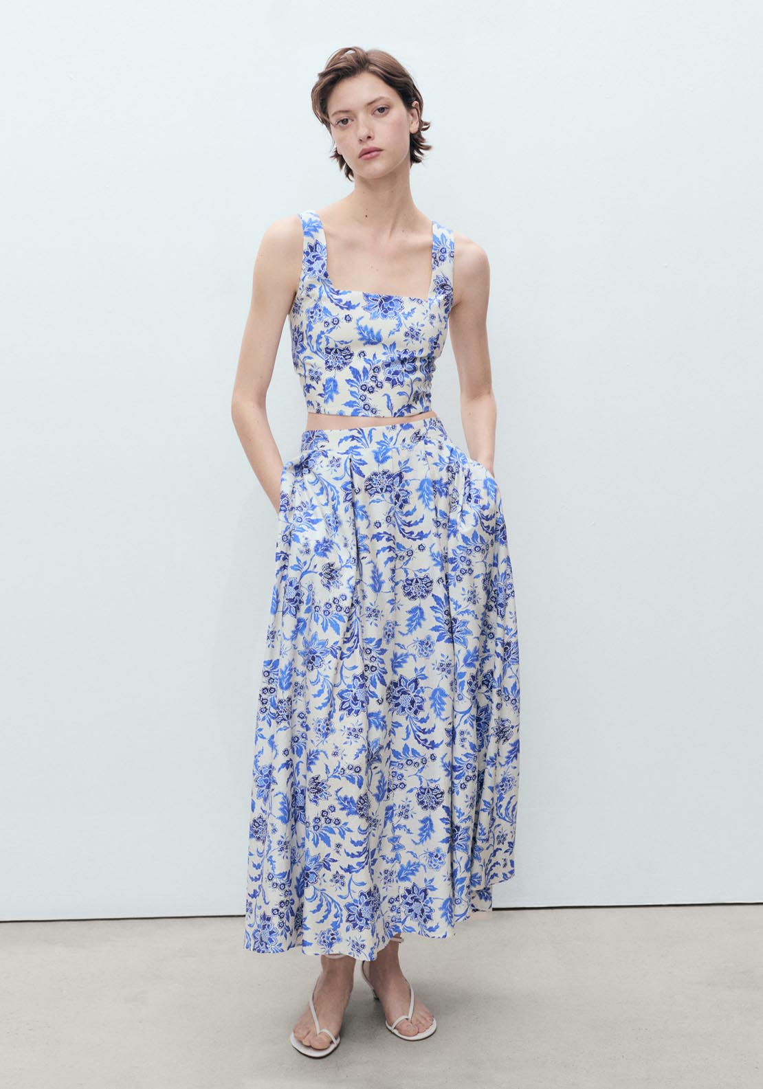 Mango Floral Crop Top With Low Neckline - Beige 4 Shaws Department Stores