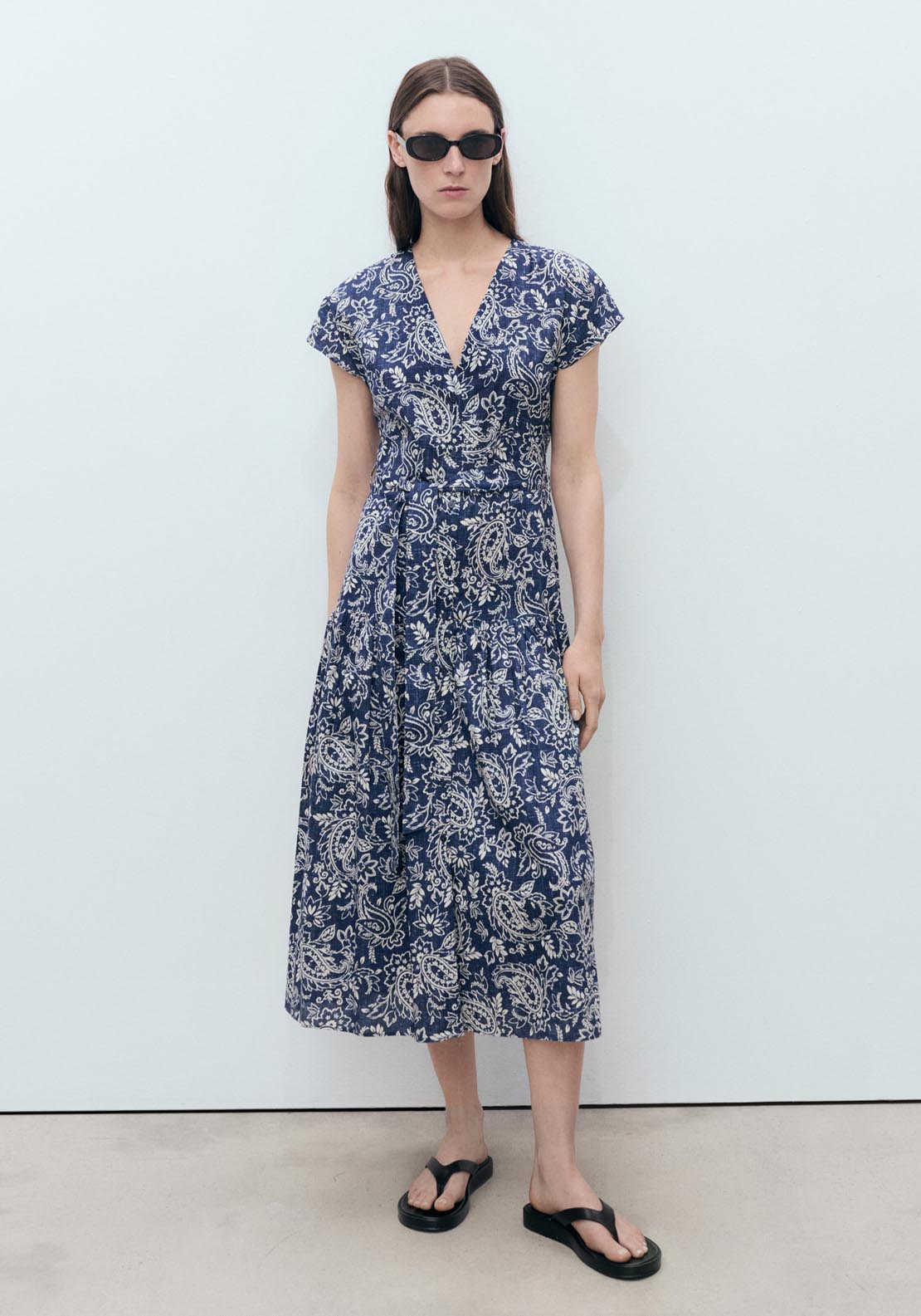 Mango Paisley Flared Dress With Belt - Medium Blue 1 Shaws Department Stores