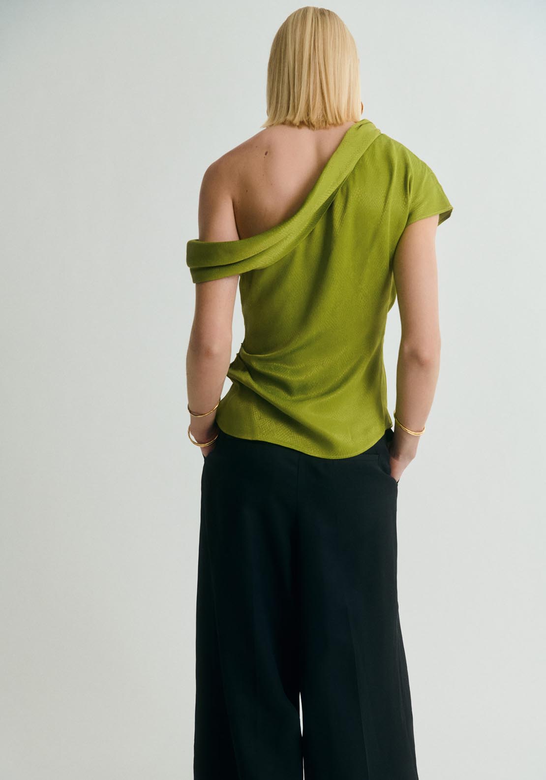 Mango Satin Blouse With Asymmetrical Neck - Green 2 Shaws Department Stores