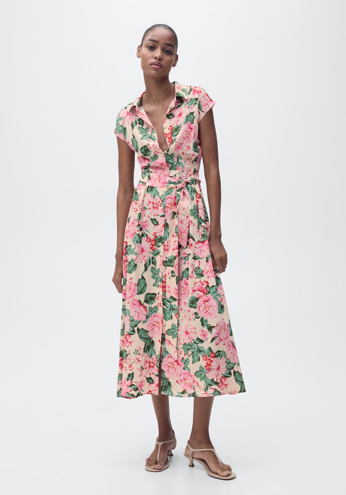 Mango Printed Shirt Dress With Belt - Light Beige 1 Shaws Department Stores