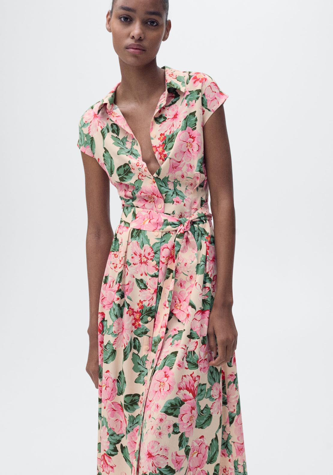 Mango Printed Shirt Dress With Belt - Light Beige 4 Shaws Department Stores