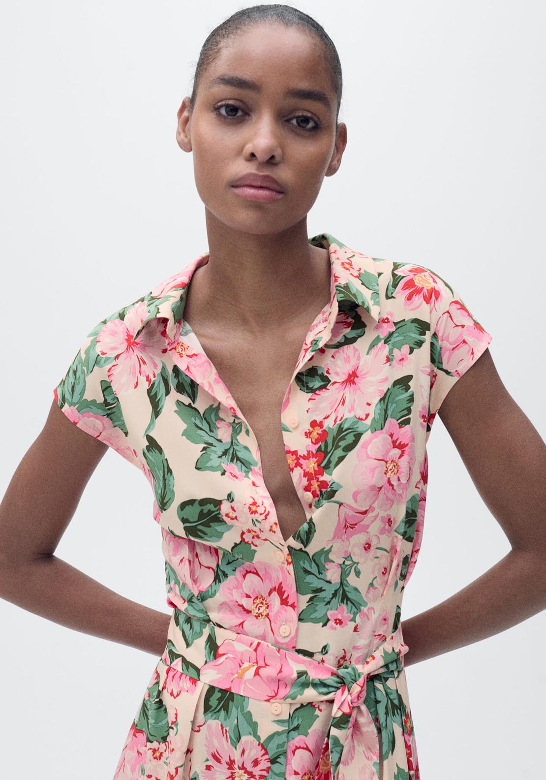 Mango Printed Shirt Dress With Belt - Light Beige 3 Shaws Department Stores