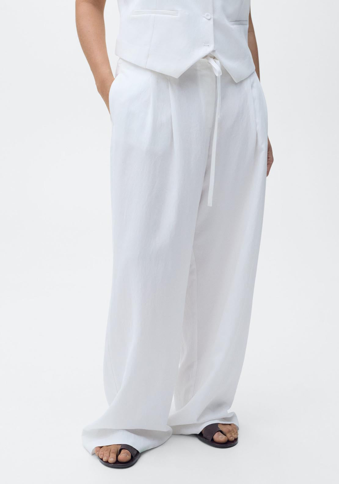 Mango Lyocell Suit Trousers With Bow Belt - White 1 Shaws Department Stores