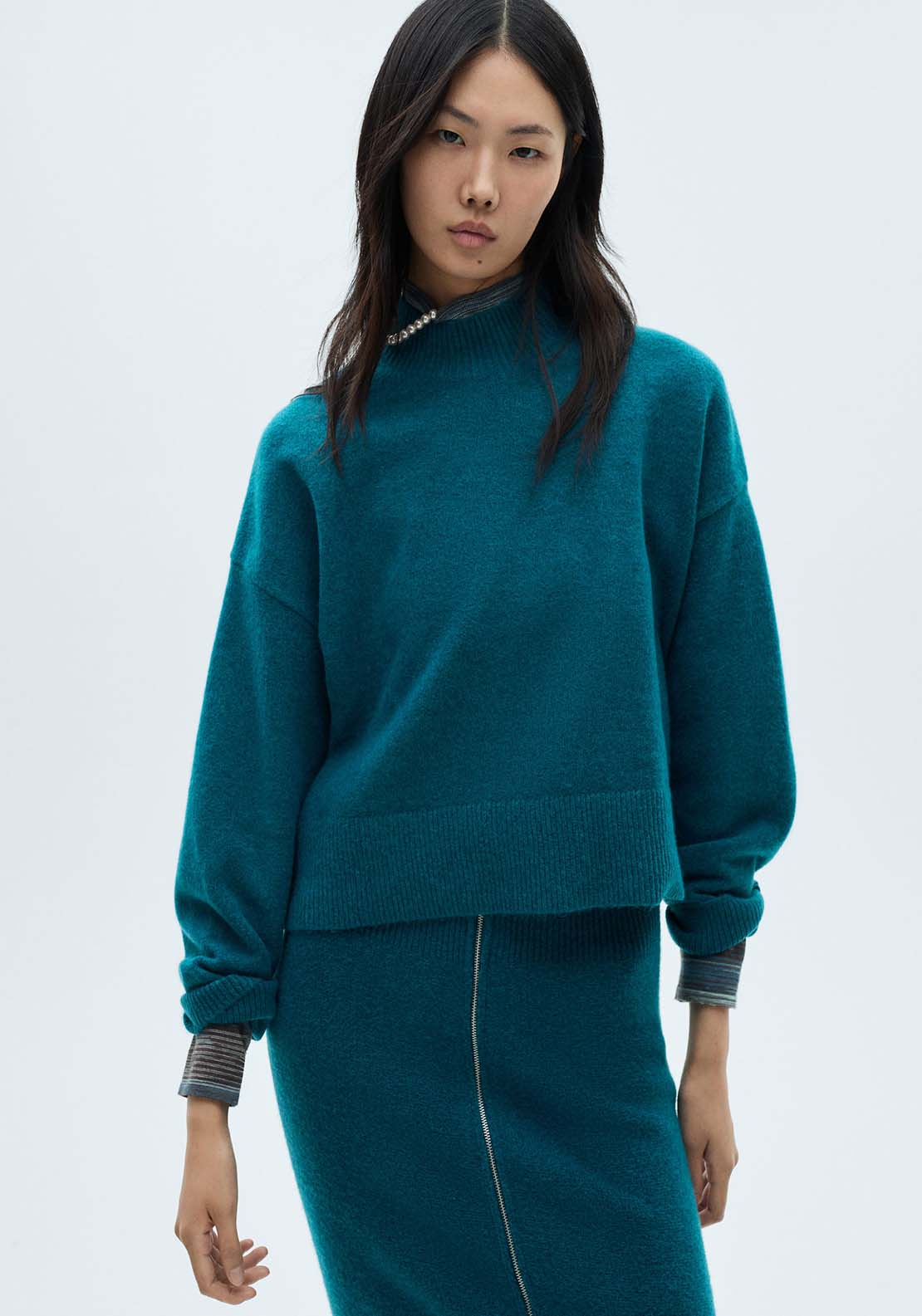 Mango Perkins neck knitted sweater - Green 1 Shaws Department Stores