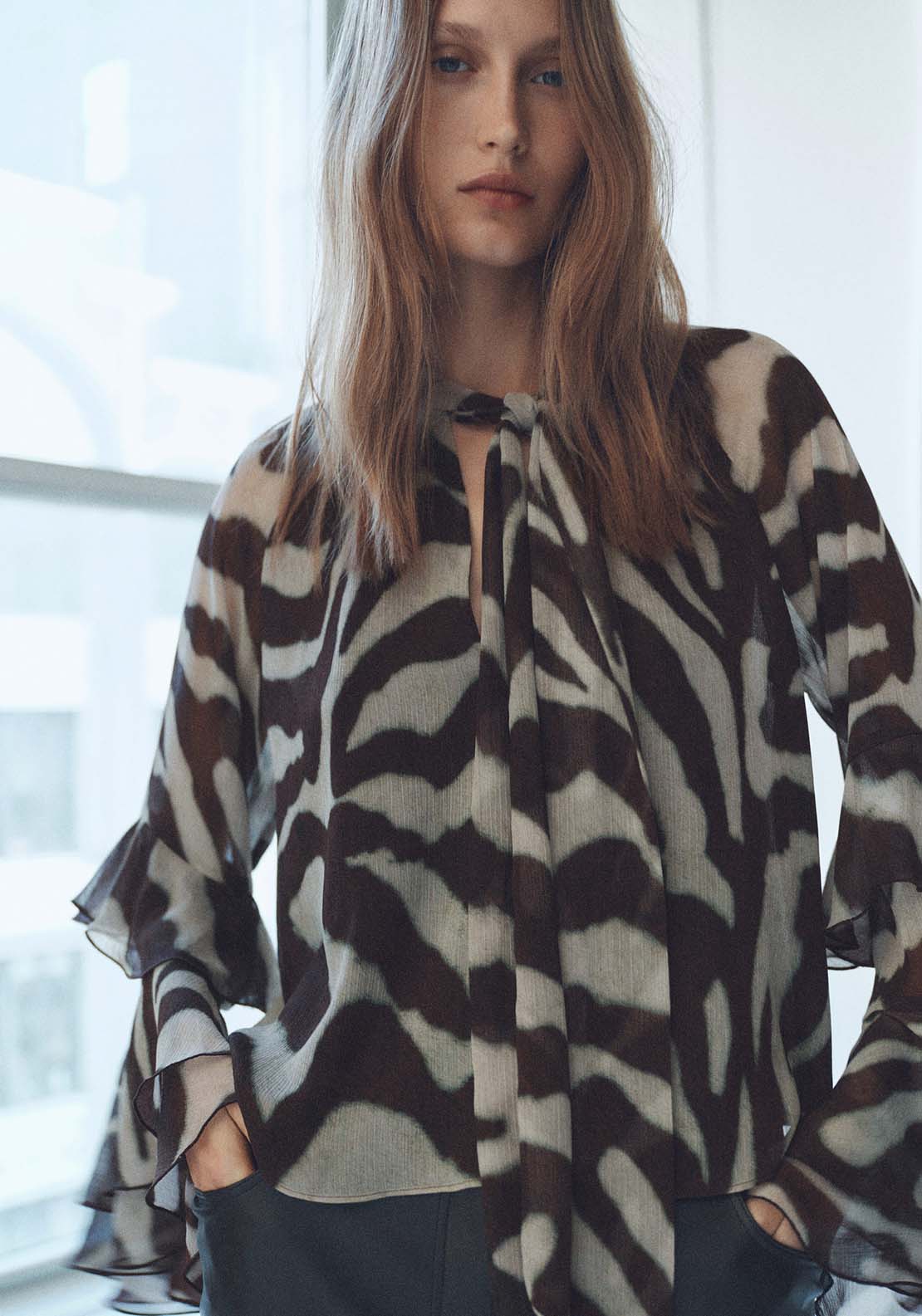 Mango Printed blouse with flared sleeves - Brown 2 Shaws Department Stores