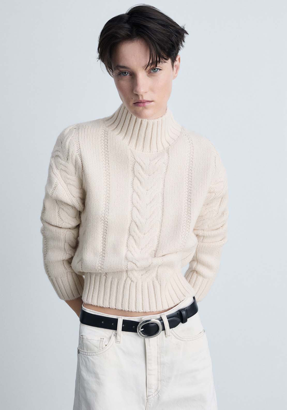 Mango Perkins-neck braided sweater - Light Beige 2 Shaws Department Stores