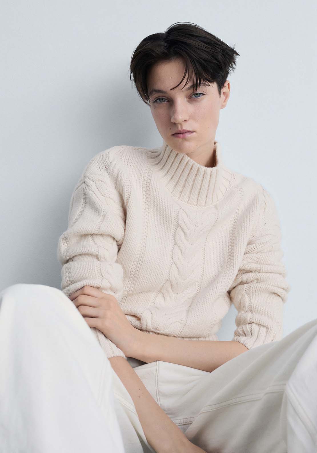 Mango Perkins-neck braided sweater - Light Beige 1 Shaws Department Stores