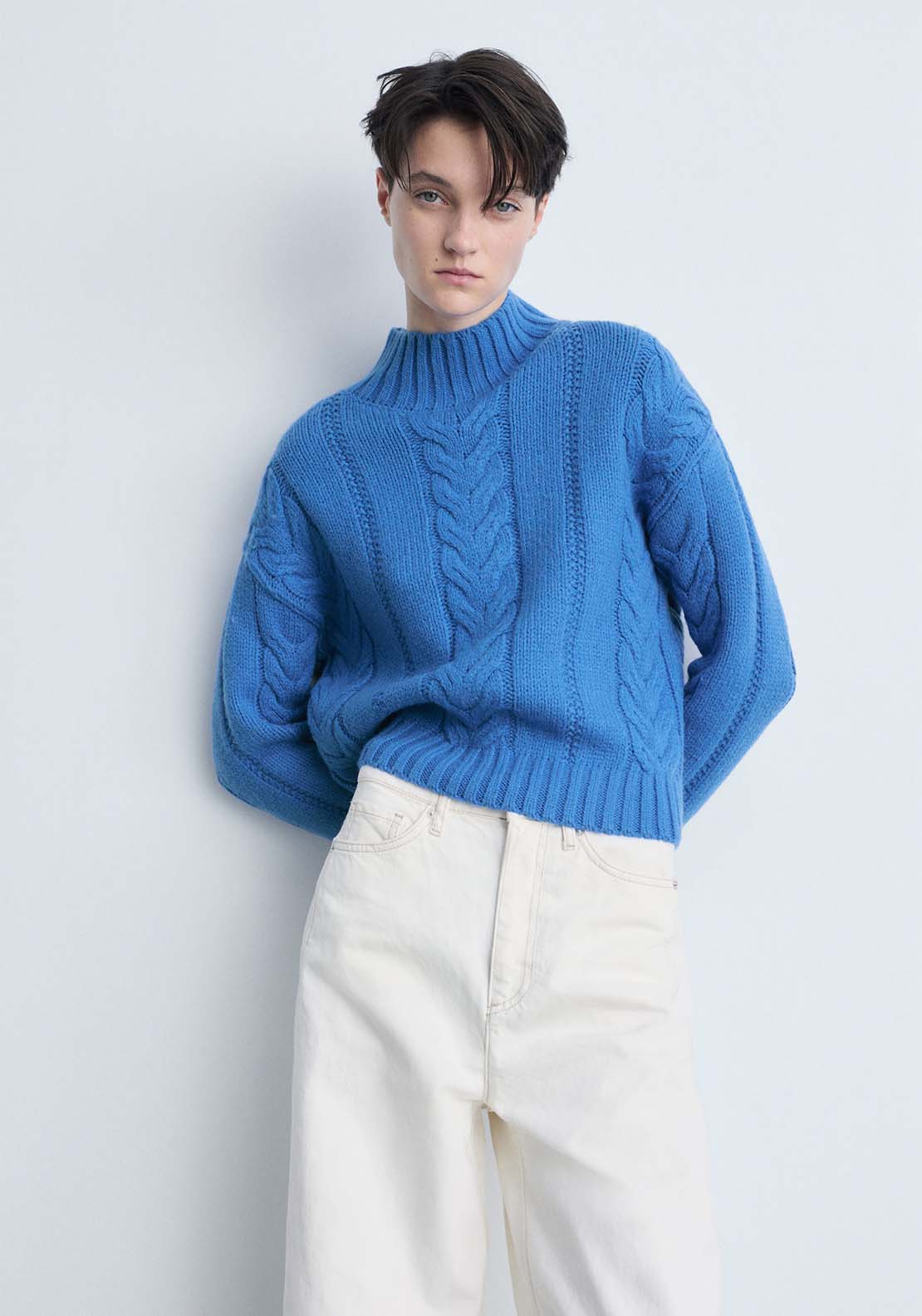 Mango Perkins-neck braided sweater - Bright Blue 1 Shaws Department Stores