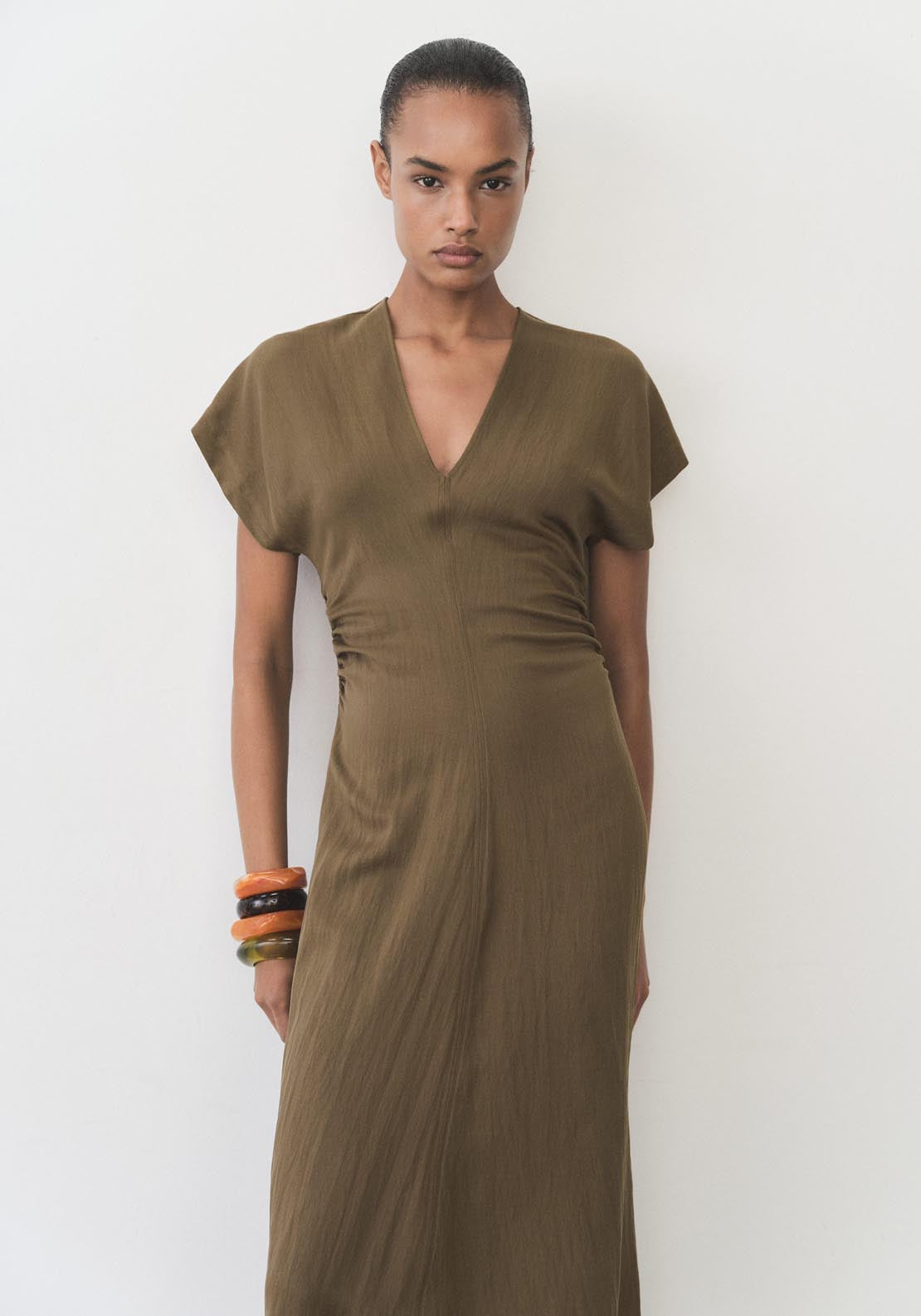 Mango Short Sleeve Dress With Draped Details - Medium Brown 1 Shaws Department Stores