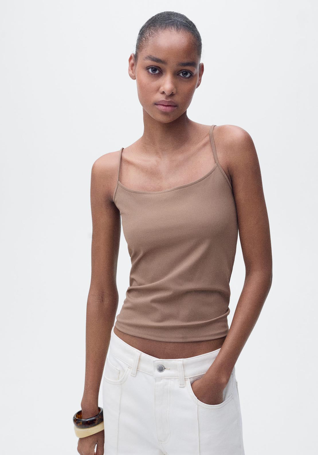 Mango Fitted Top With Thin Straps - Brown 1 Shaws Department Stores