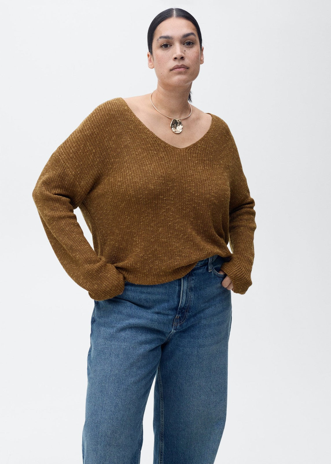 Mango V-neck knit sweater - Medium Brown 6 Shaws Department Stores