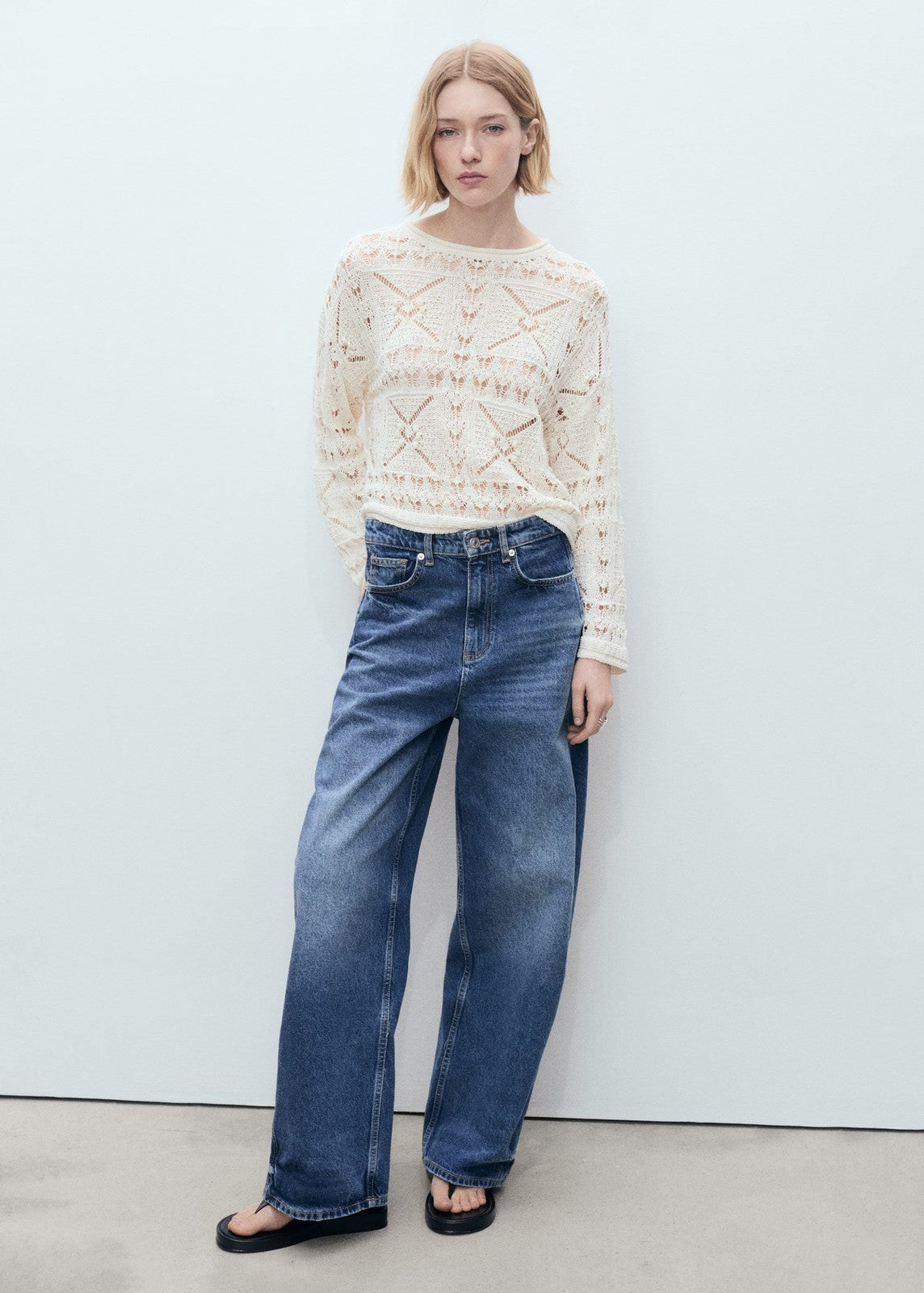 Mango Oversized openwork knitted sweater - Light Beige 1 Shaws Department Stores