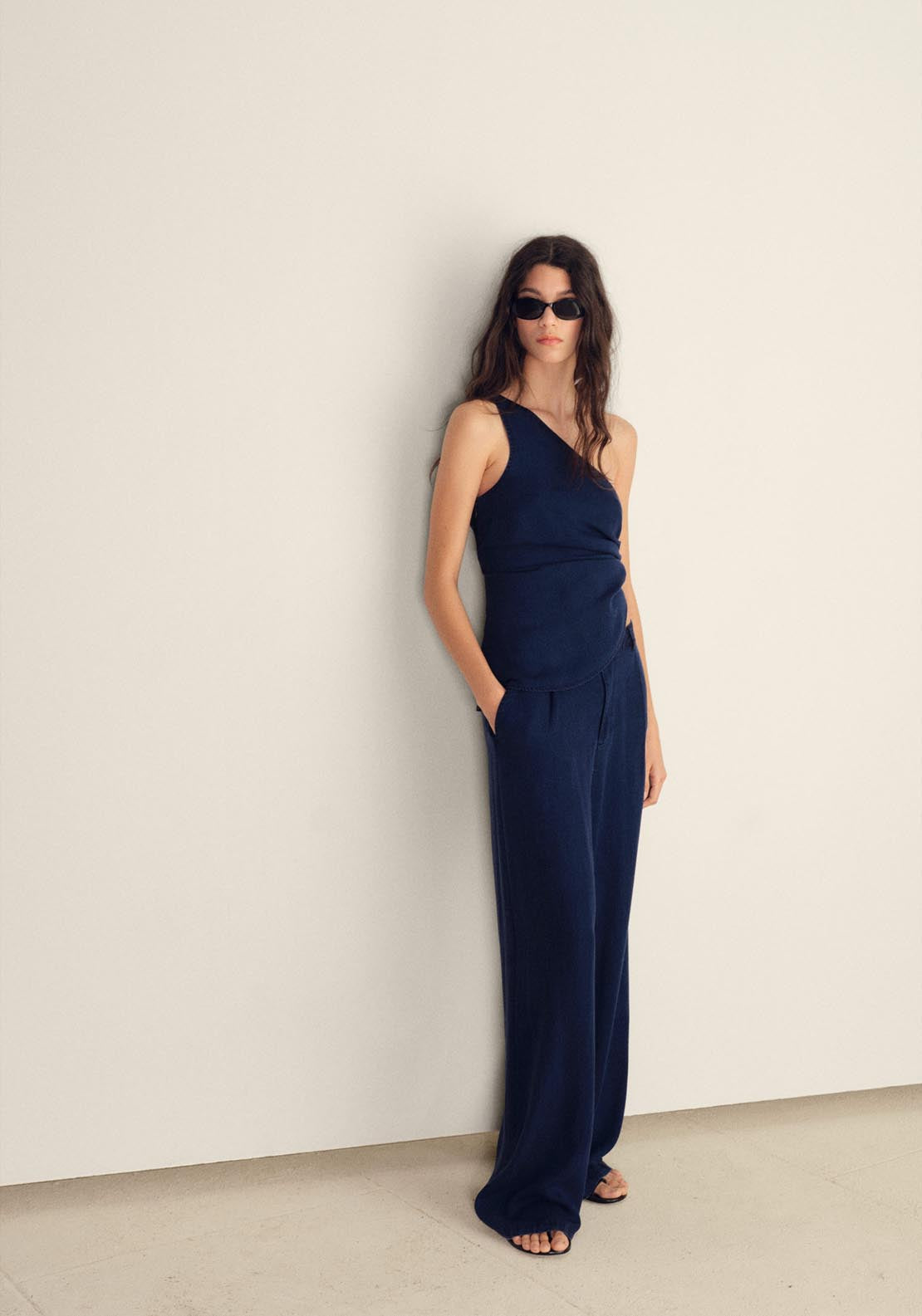Mango Wide-Leg Lyocell Trousers With Pleats - Open Blue 3 Shaws Department Stores