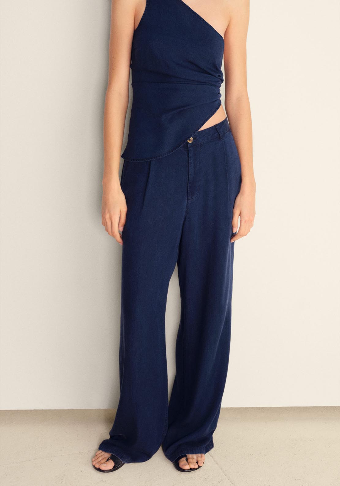 Mango Wide-Leg Lyocell Trousers With Pleats - Open Blue 1 Shaws Department Stores