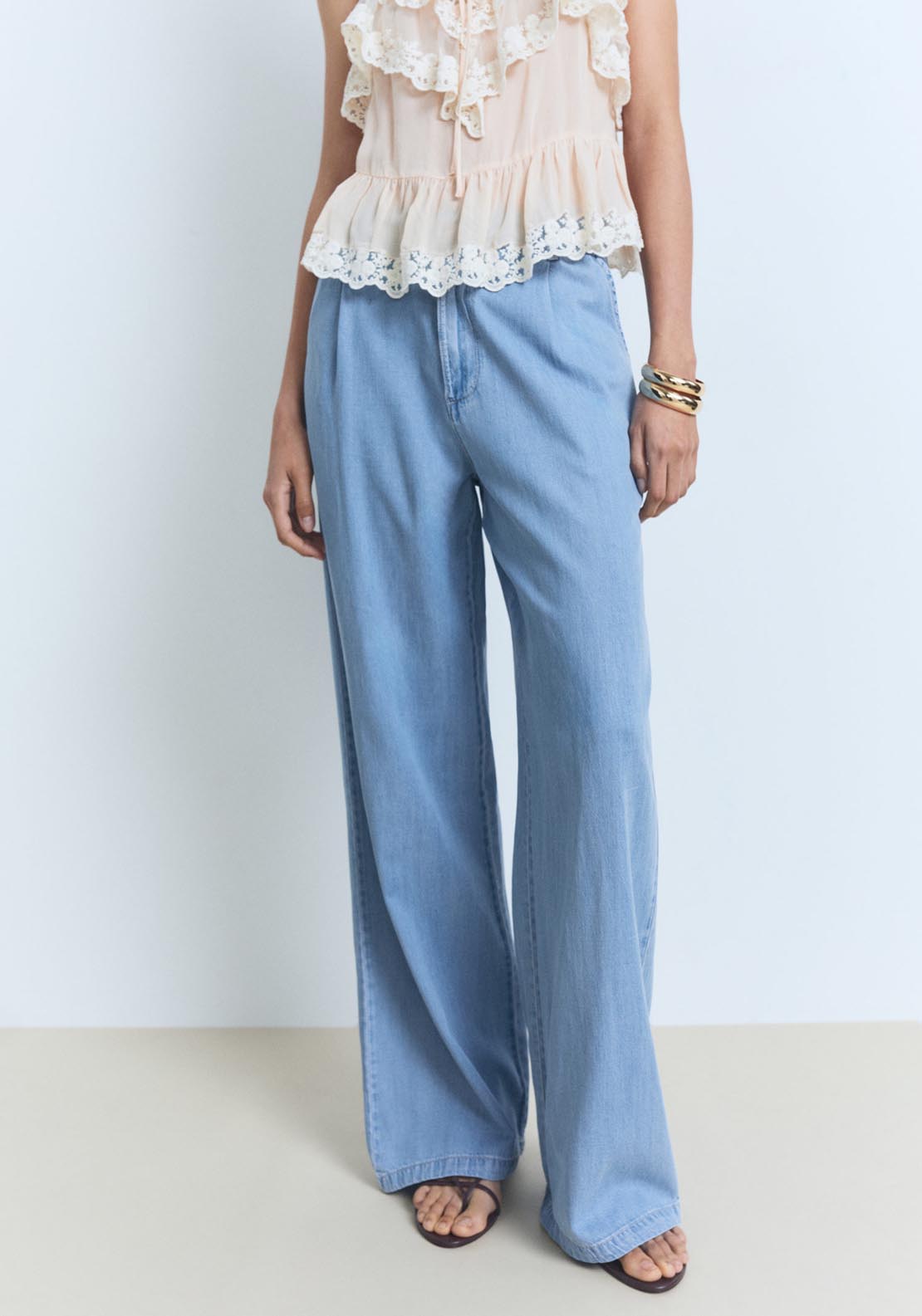 Mango Wide-Leg Lyocell Trousers With Pleats - Open Blue 1 Shaws Department Stores