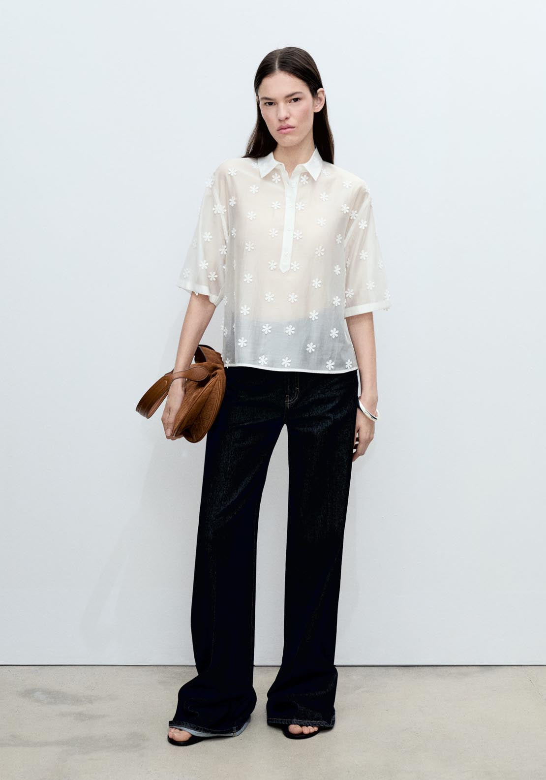 Mango Semi Transparent Lyocell Shirt With Flowers - White 3 Shaws Department Stores