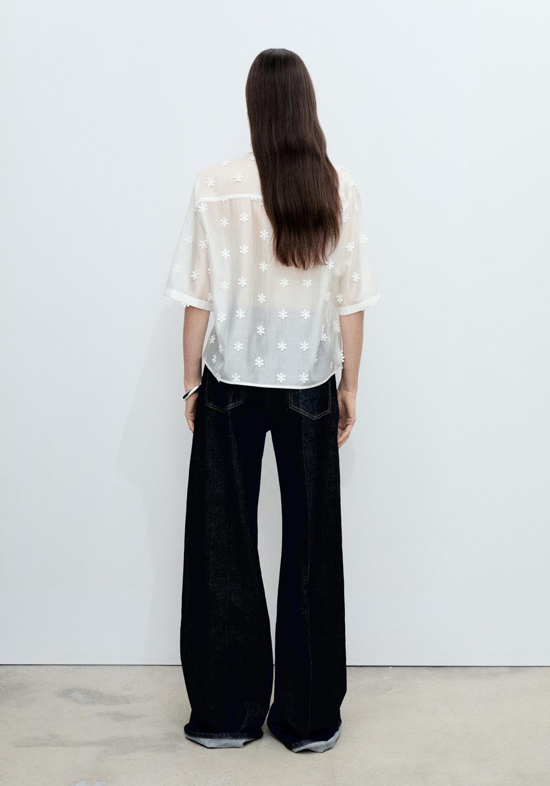 Mango Semi Transparent Lyocell Shirt With Flowers - White 2 Shaws Department Stores