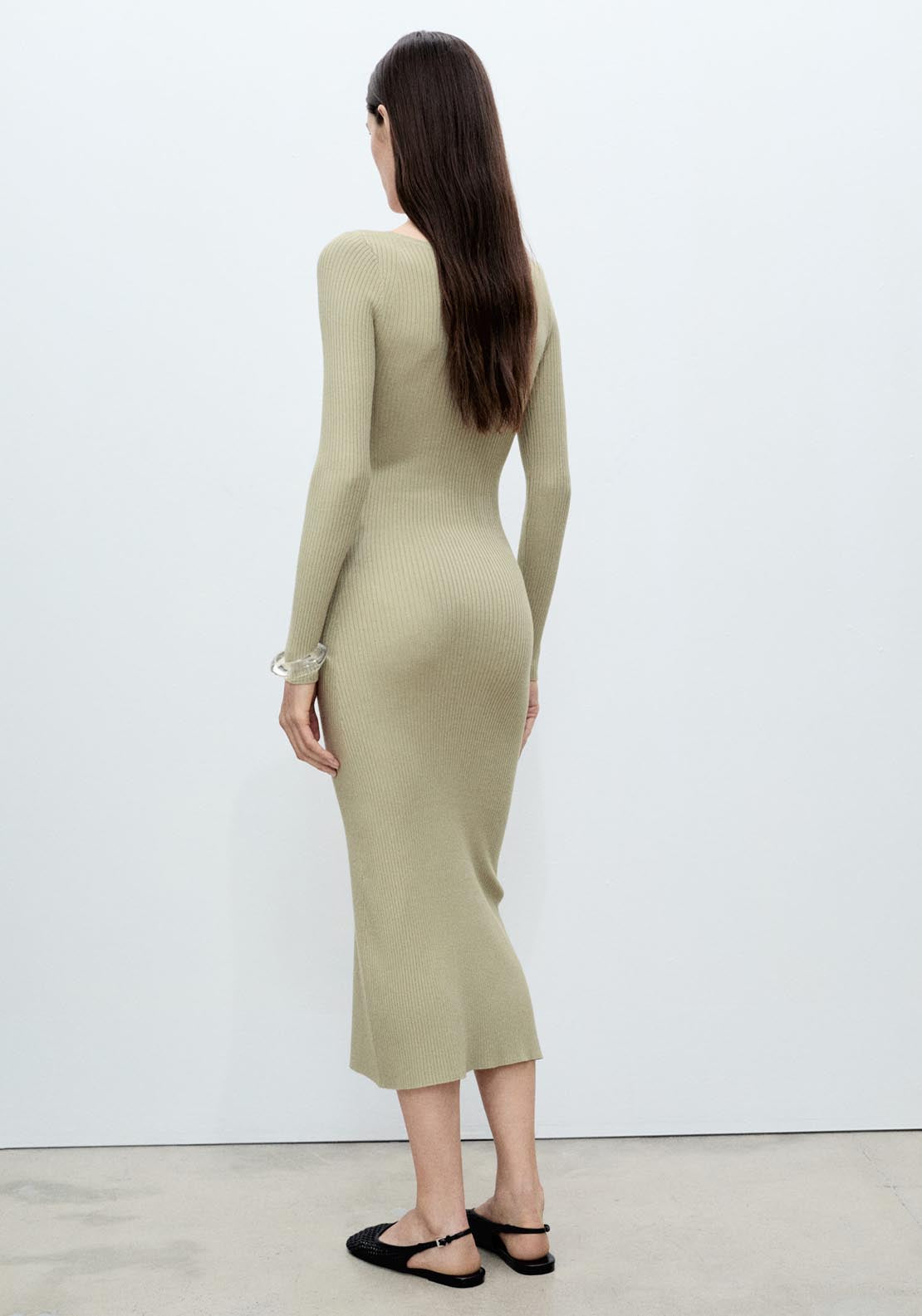 Mango Ribbed Knitted Midi Dress - Beige/khaki 2 Shaws Department Stores