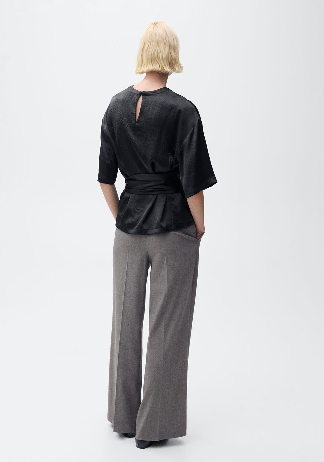 Mango Satin blouse with belt - Black 3 Shaws Department Stores