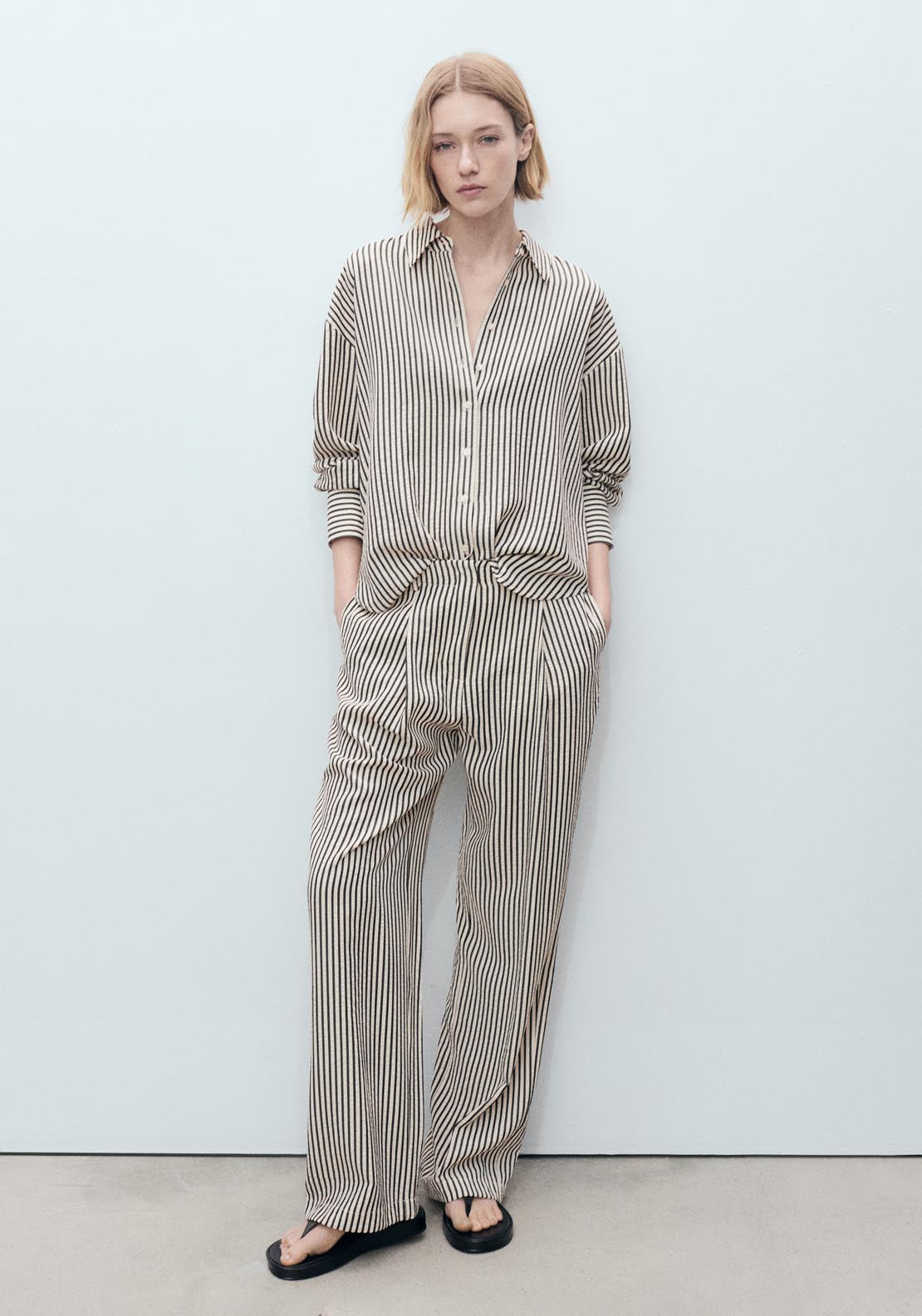 Mango Texture Striped Trousers - Beige 3 Shaws Department Stores