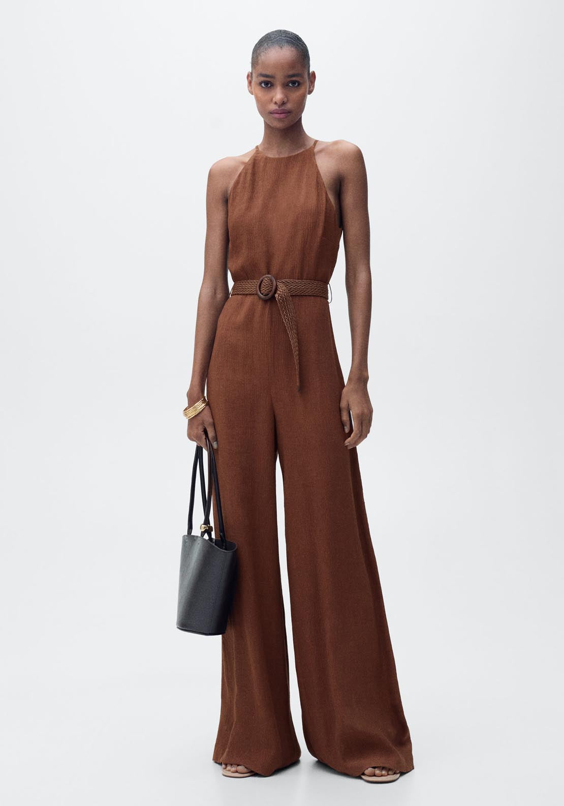 Mango Halter Neck Jumpsuit With Belt - Brown 1 Shaws Department Stores