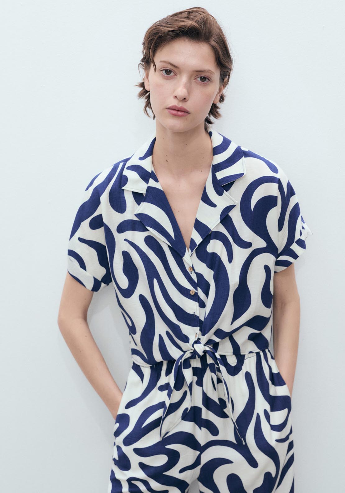 Mango Printed Crop Shirt With Knot Detail - Beige 1 Shaws Department Stores