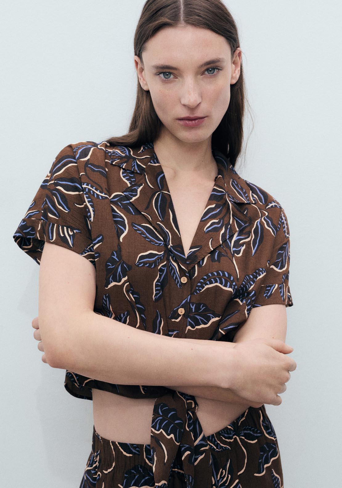 Mango Printed Crop Shirt With Knot Detail - Brown 1 Shaws Department Stores