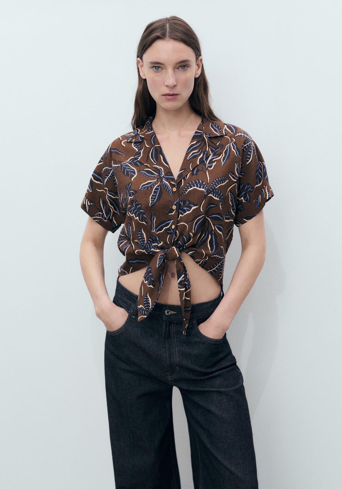 Mango Printed Crop Shirt With Knot Detail - Brown 3 Shaws Department Stores