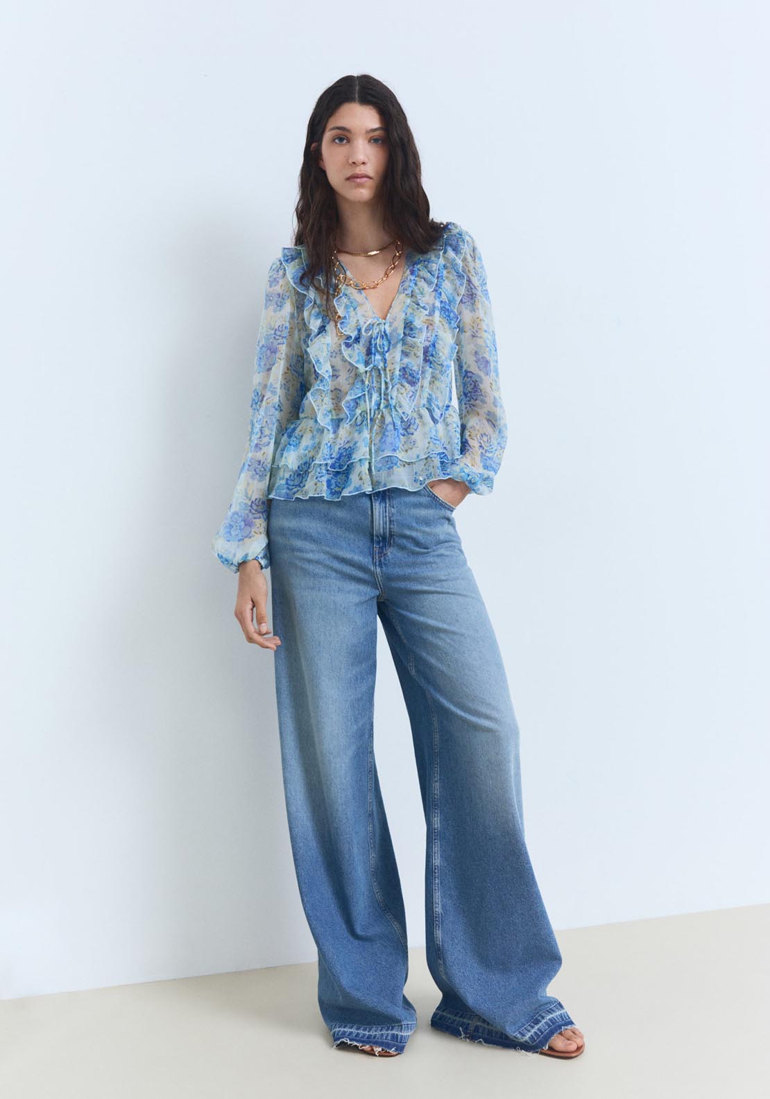Mango Floral Ruffled Blouse - Light/pastel Blue 3 Shaws Department Stores