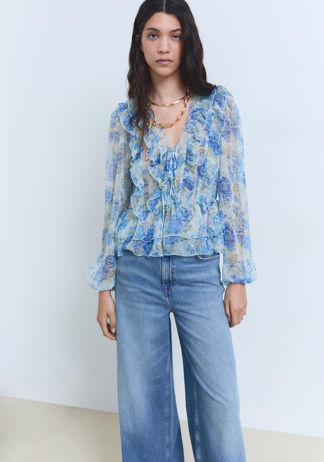 Mango Floral Ruffled Blouse - Light/pastel Blue 1 Shaws Department Stores