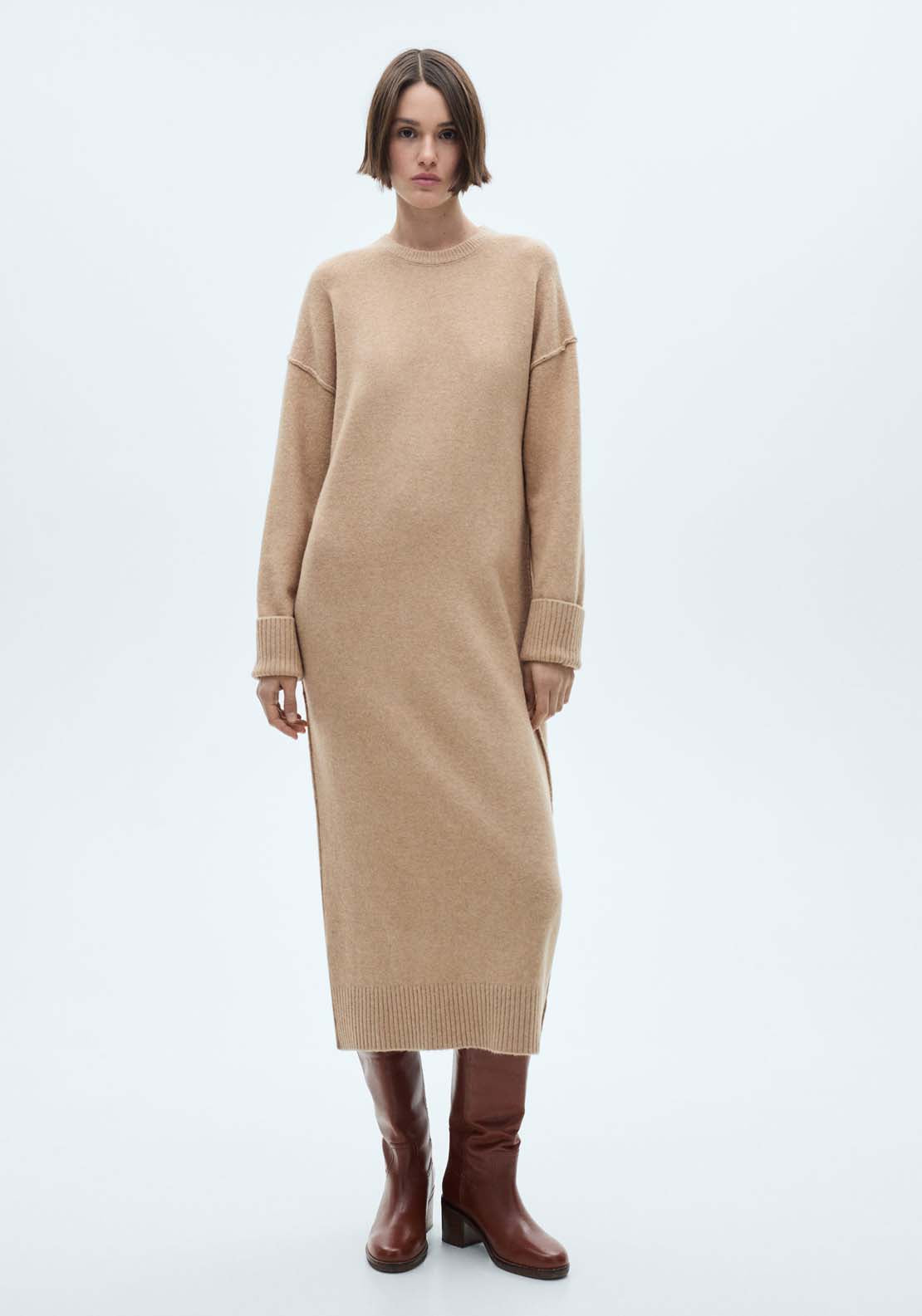 Mango Knitted dress with ribbed finishes - Medium Brown 1 Shaws Department Stores