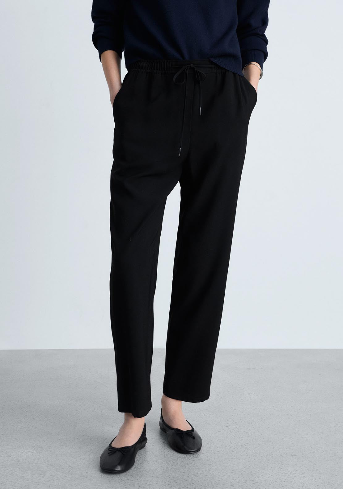 Mango Elastic waist flowy trousers - Black 1 Shaws Department Stores