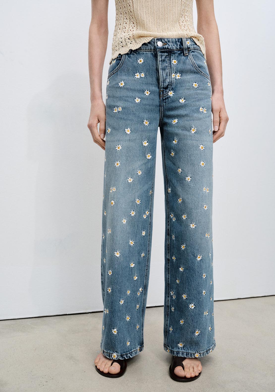 Mango Flower embroidered wideleg jeans - Open Blue 2 Shaws Department Stores