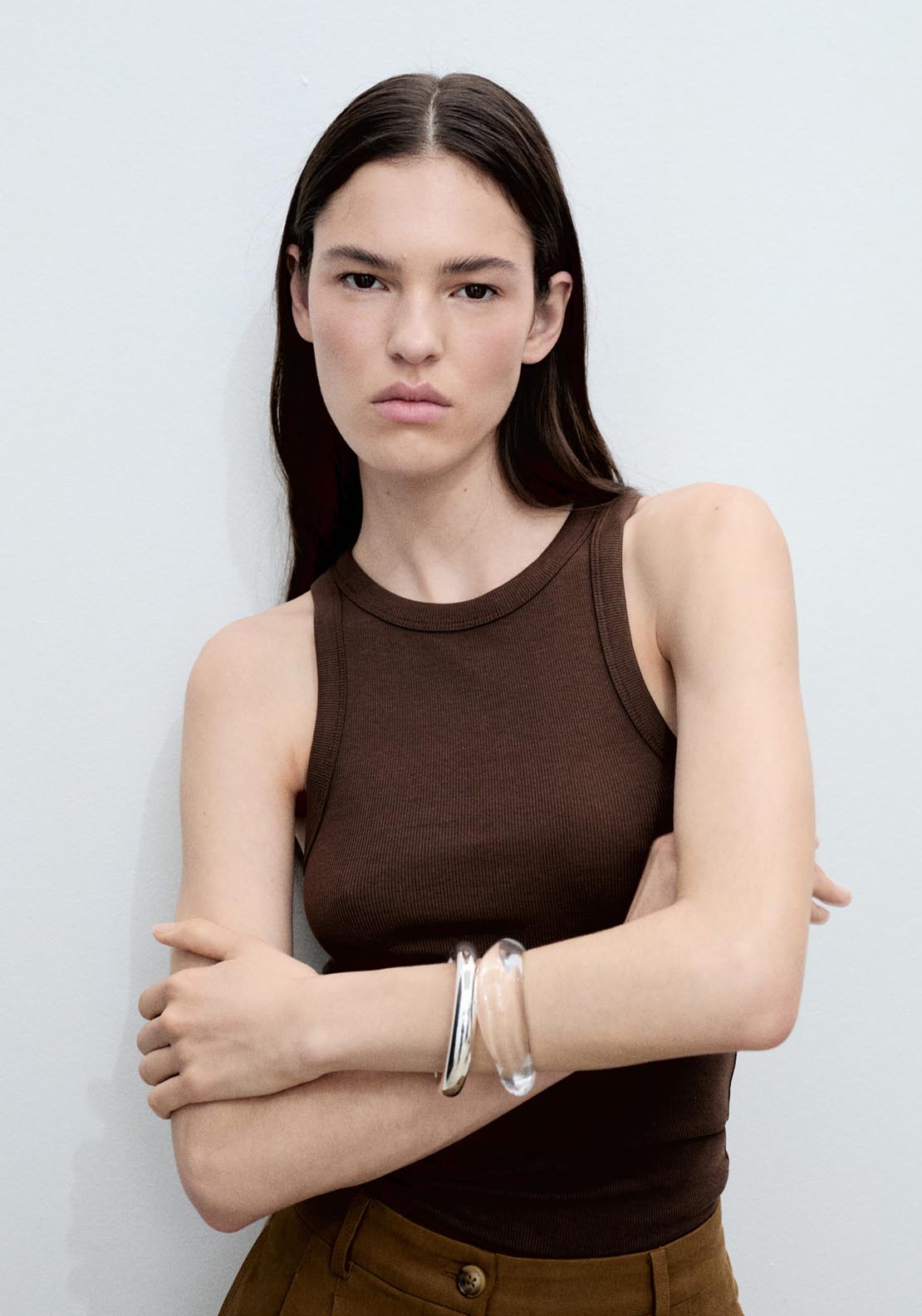 Mango Sleeveless Ribbed Top - Brown 1 Shaws Department Stores