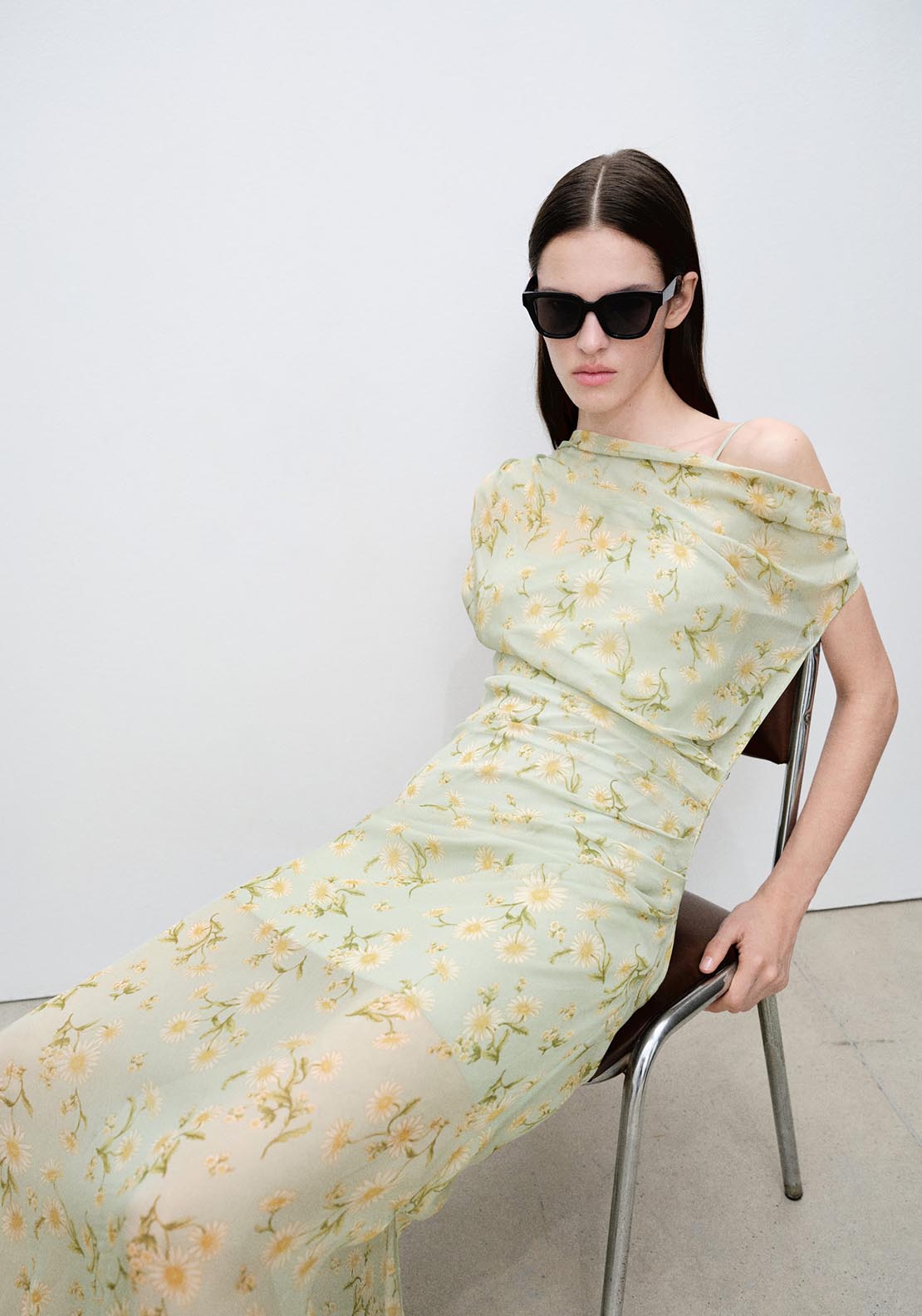 Mango Semi-transparent draped floral dress - Light/pastel Green 4 Shaws Department Stores