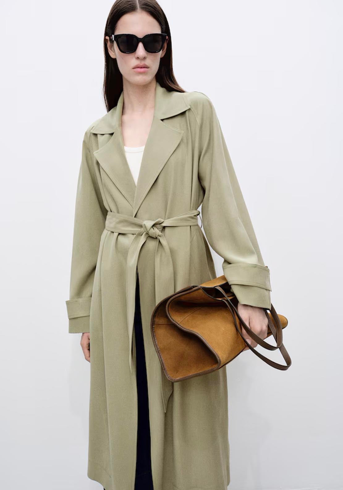 Mango Soft Trench Coat With Belt - Beige / Green 3 Shaws Department Stores