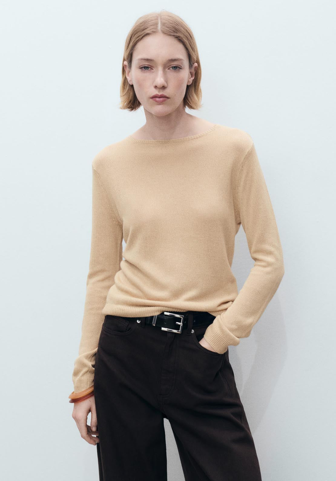 Mango Linen Blend Boat Neck Sweater - Medium Brown 1 Shaws Department Stores
