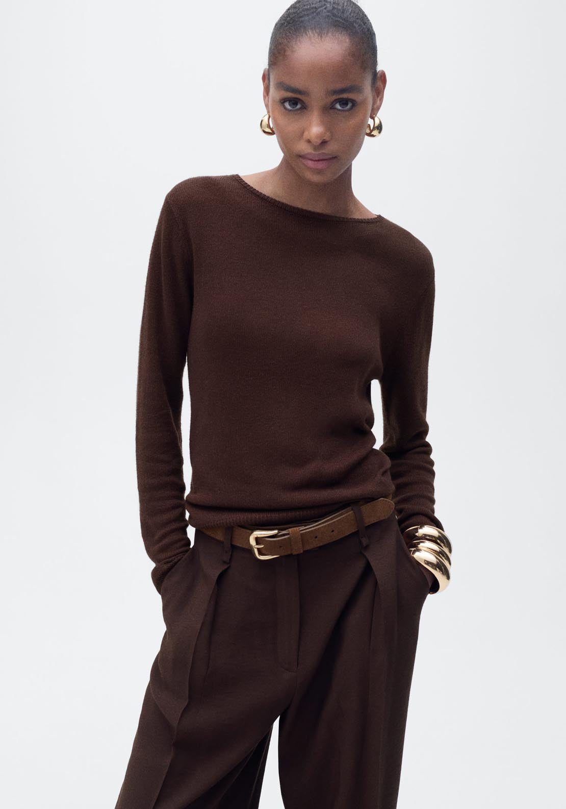 Mango Linen Blend Boat Neck Sweater - Dark Brown 1 Shaws Department Stores