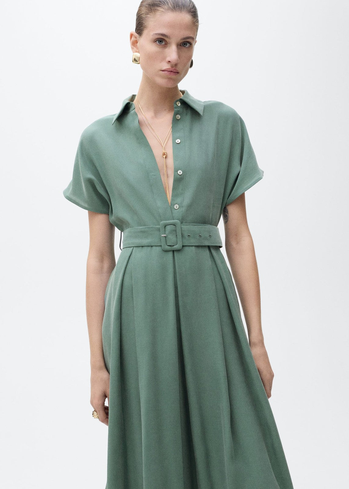 Mango Flared midi-dress with belt - Green 1 Shaws Department Stores