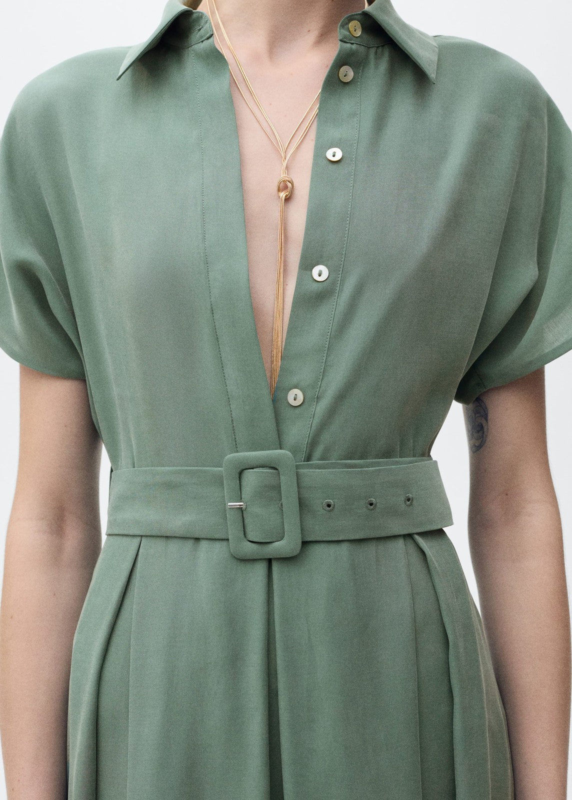 Mango Flared midi-dress with belt - Green 3 Shaws Department Stores