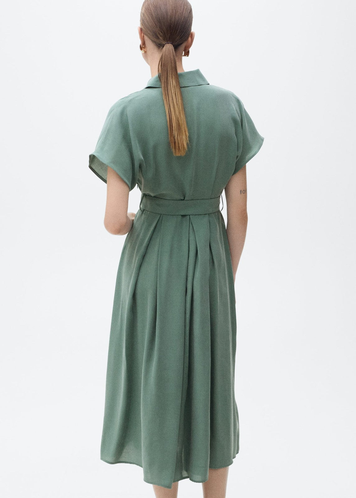 Mango Flared midi-dress with belt - Green 2 Shaws Department Stores