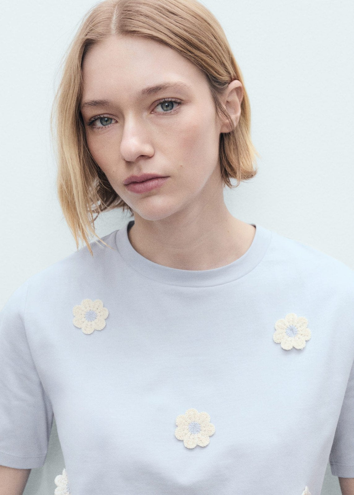 Mango Cotton T-shirt with flower detail - Medium Blue 4 Shaws Department Stores