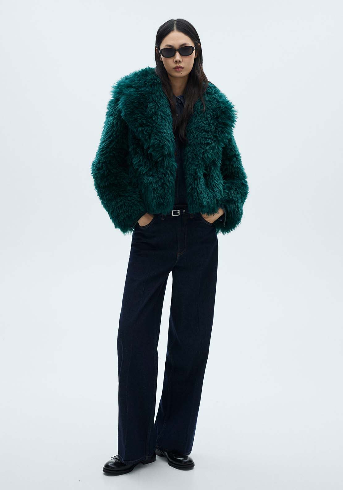 Mango Coat with fur-effect lapels - Medium Blue 4 Shaws Department Stores