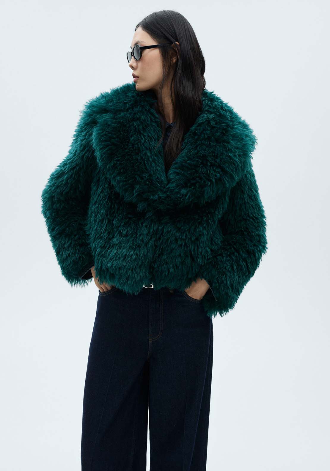 Mango Coat with fur-effect lapels - Medium Blue 3 Shaws Department Stores