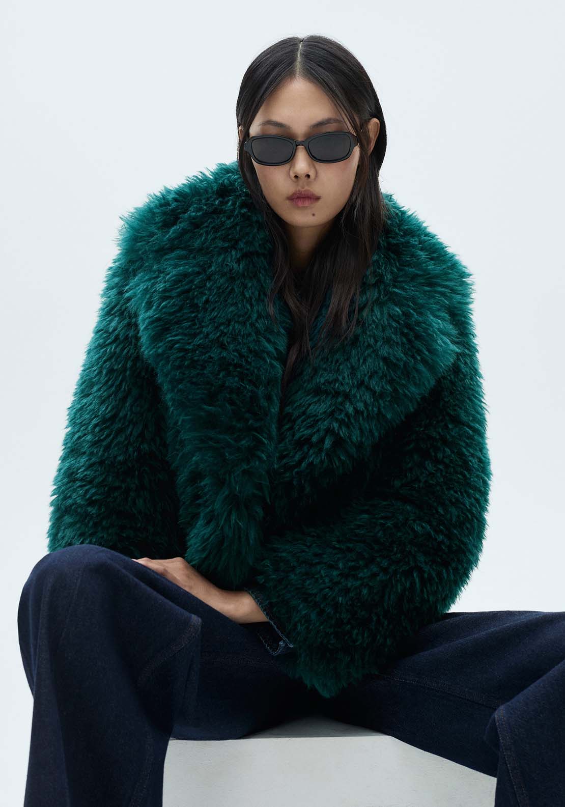 Mango Coat with fur-effect lapels - Medium Blue 1 Shaws Department Stores