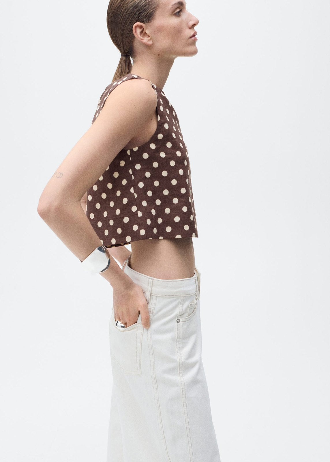 Mango Polka dot linen crop top - Dark Brown 5 Shaws Department Stores