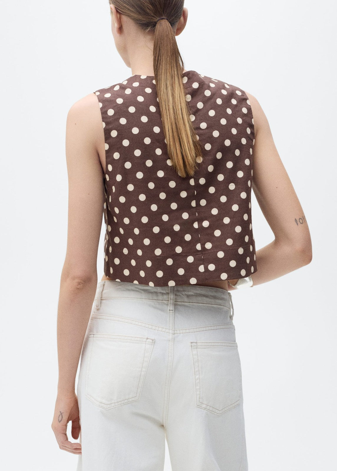 Mango Polka dot linen crop top - Dark Brown 3 Shaws Department Stores
