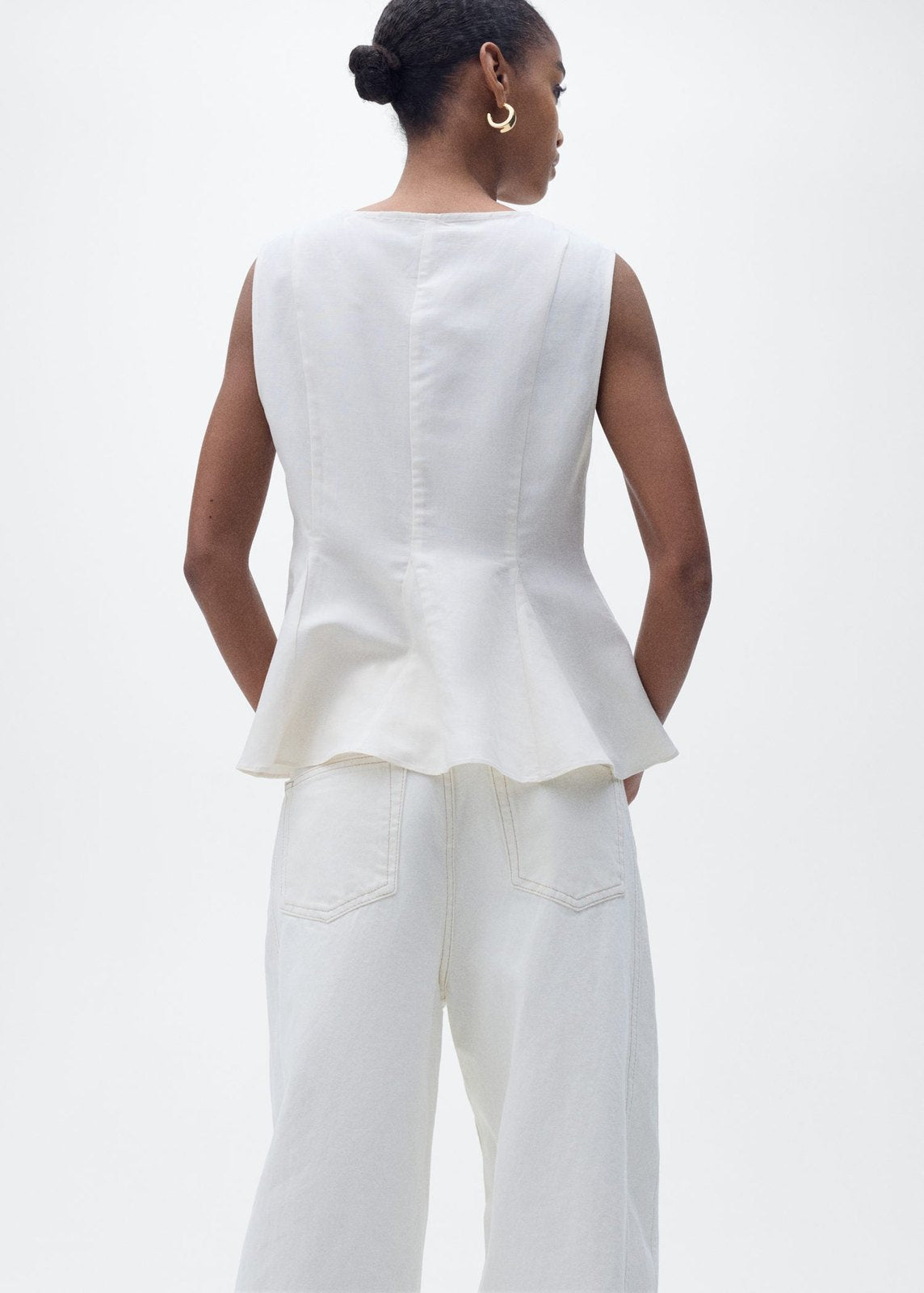 Mango Fitted linen blend top - Light Beige 2 Shaws Department Stores