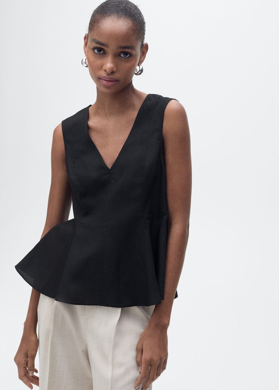 Mango Fitted linen blend top - Black 1 Shaws Department Stores