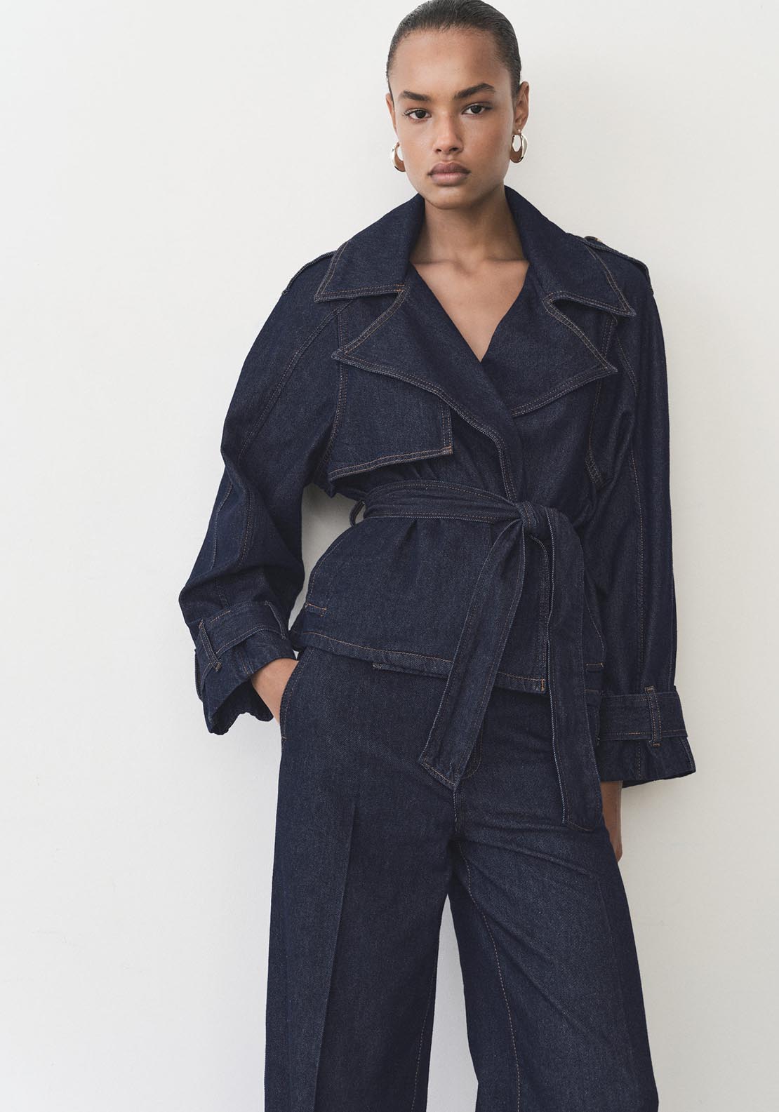 Mango Short denim trench with belt - Open Blue 5 Shaws Department Stores